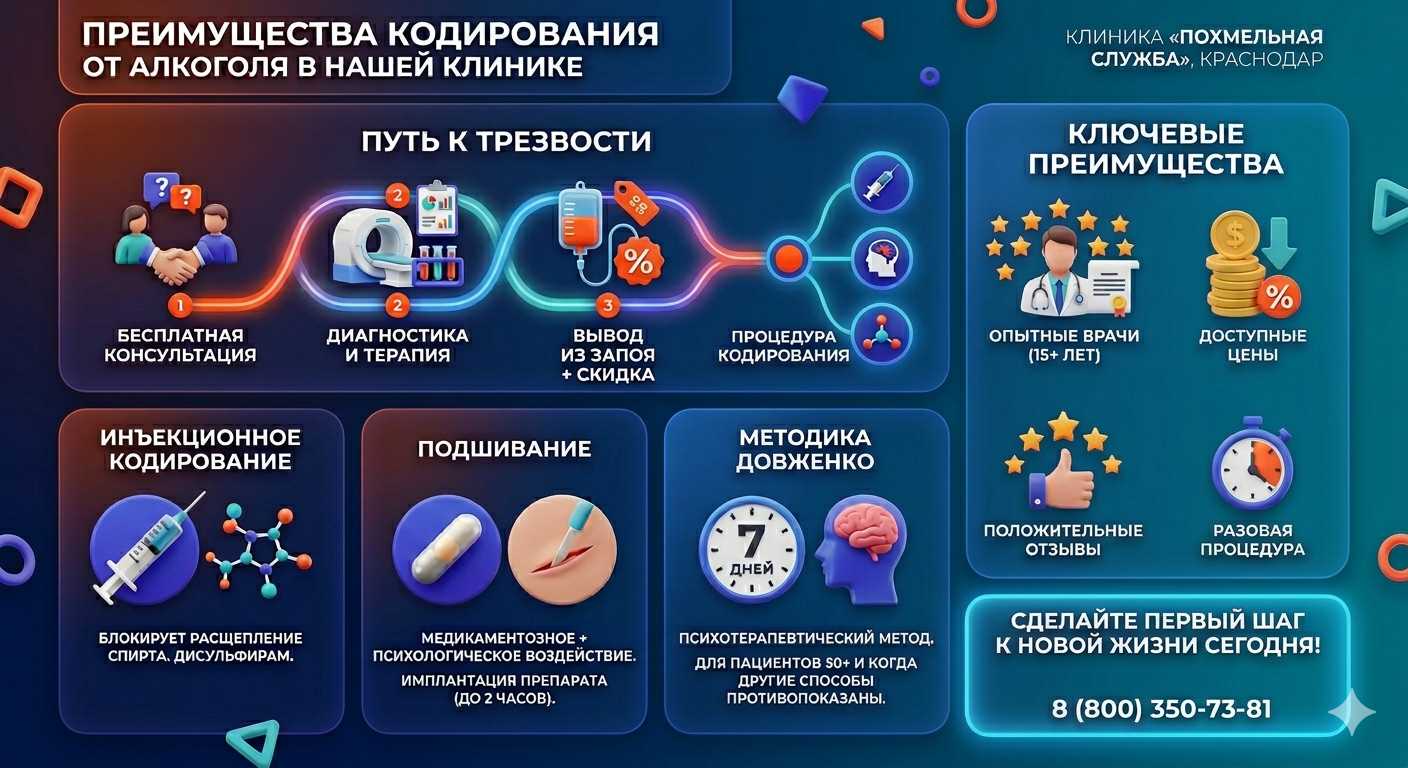 Инфографика о методах кодирования от алкоголя в Иволгинске: инъекции, подшивание, метод Довженко. Преимущества клиники и этапы лечения.